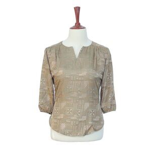 Womens Silky Blouse Beige Green Geometric 3/4 Sleeve V-Neck Casual Top Large